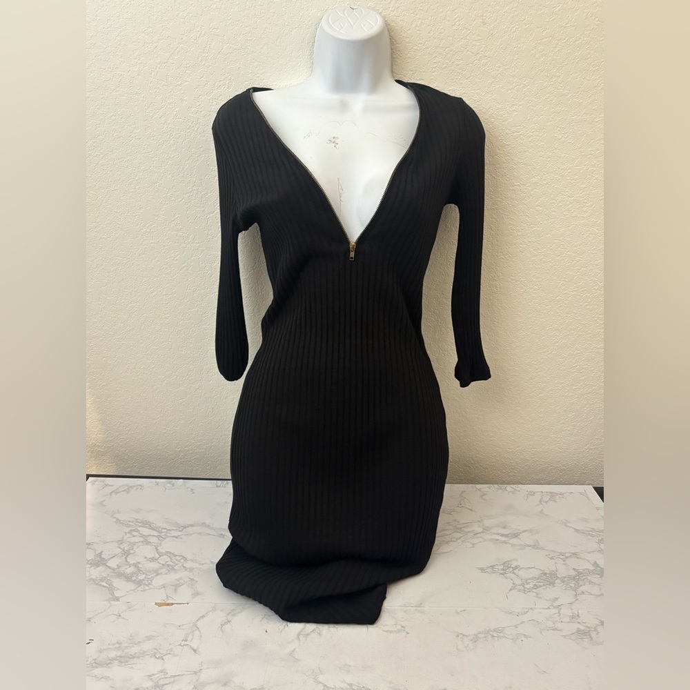 Agaci Long Sleeve Bodycon Dress Women’s S Black Rubbed 1/2 Zip Mini - Picture 1 of 4